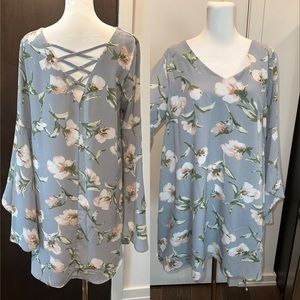 entro floral mini dress with long bell sleeves